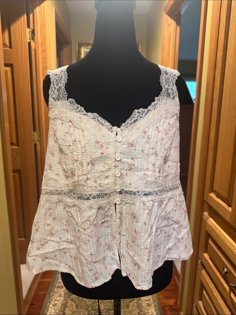 Lace-Trim Floral Camisole Tank Top - White with Pink Accents